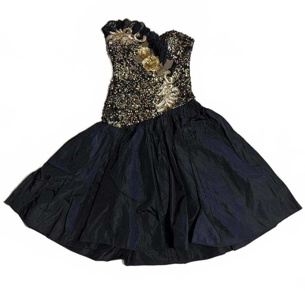 Vintage 80's Loralie Black & Gold Applique Sequin Taffeta Cocktail Dress Size 6